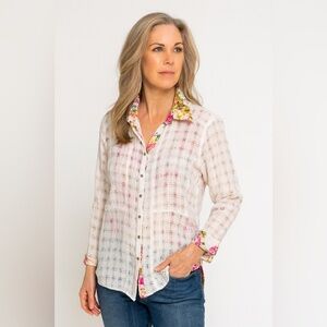 Aratta Silent Journey Button Down Sheer Plaid & Floral Blouse White Pink